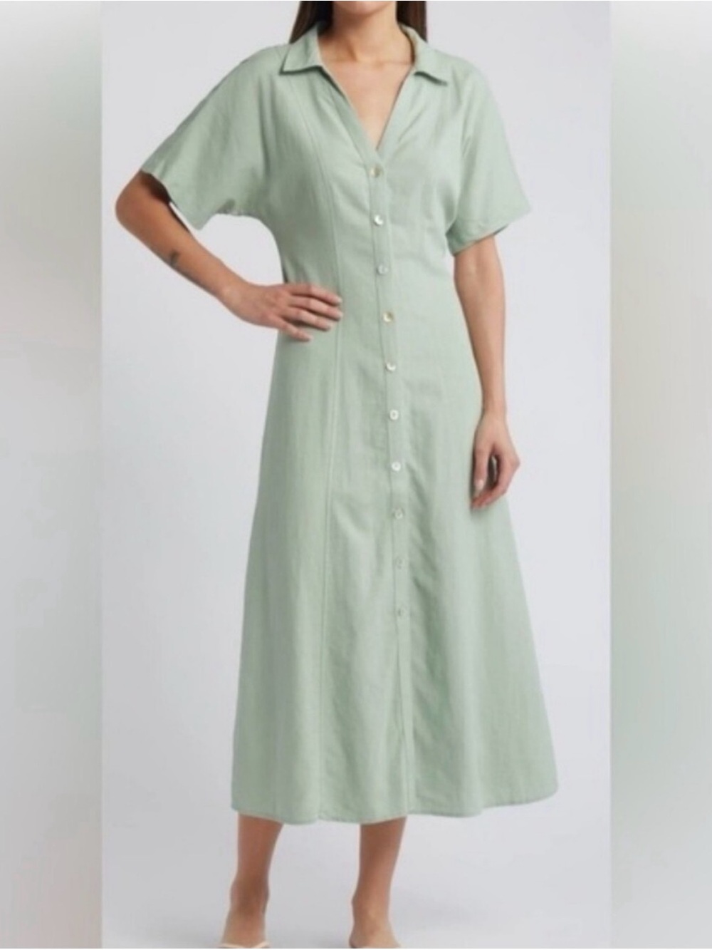 Linen Blend Button-Front Midi Shirtdress
